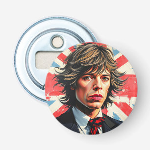 Mick Jagger Rolling Stones in front of a Union Jac Bottle Opener