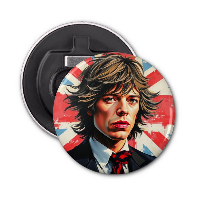 Mick Jagger Rolling Stones in front of a Union Jac Bottle Opener (Front)