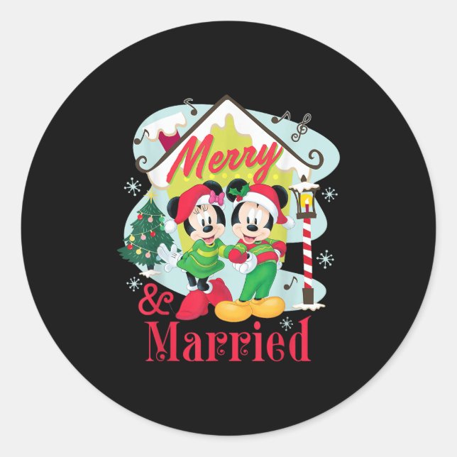 Mickey &amp; Minnie Merry &amp; Married Christmas  Classic Round Sticker (Front)
