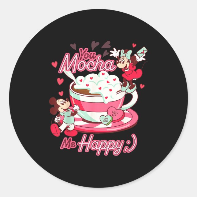 Mickey &amp; Minnie Valentine's Day You Mocha Me H Classic Round Sticker (Front)