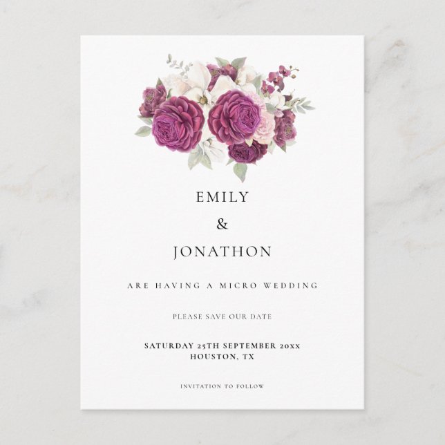 Micro Wedding Burgundy Floral Save The Date Announcement Postcard (Front)