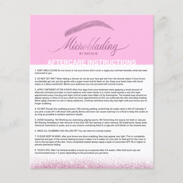 Microblading Aftercare Instruction Modern Pink Flyer (Front)