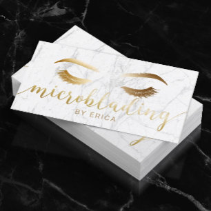 Microblading Brow Makeup Artist Gold Script Marble Business Card