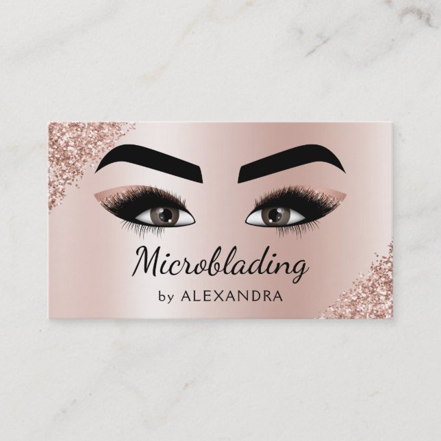 Microblading Brows Glitter Pink Rose Gold Business Card (Front)