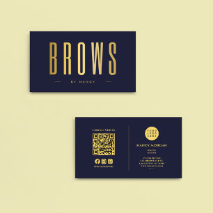 Microblading Brows QR Code Logo Navy And Gold Business Card