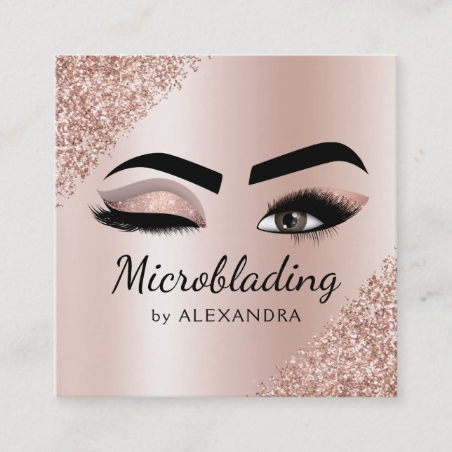 Microblading Eyebrows Brows Glitter Rose Gold Pink Square Business Card (Front)