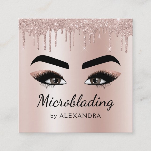 Microblading Eyebrows Brows Glitter Rose Gold Pink Square Business Card (Front)
