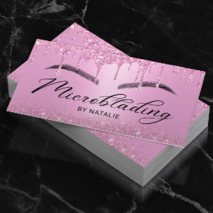 Microblading Pink Glitter Drips Typography Busines Business Card