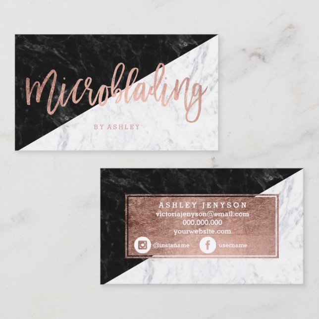 Microblading rose gold typography block marble business card (Front/Back)