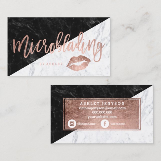 Microblading rose gold typography block marble lip business card (Front/Back)