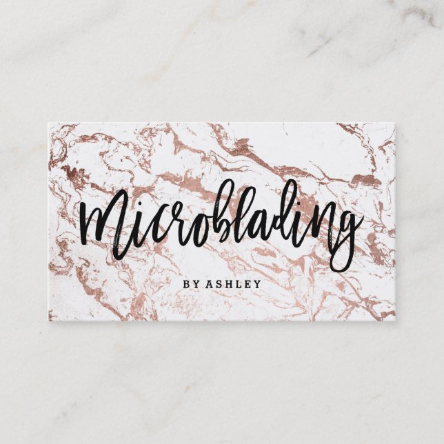 Microblading typography rose gold white marble business card (Front)