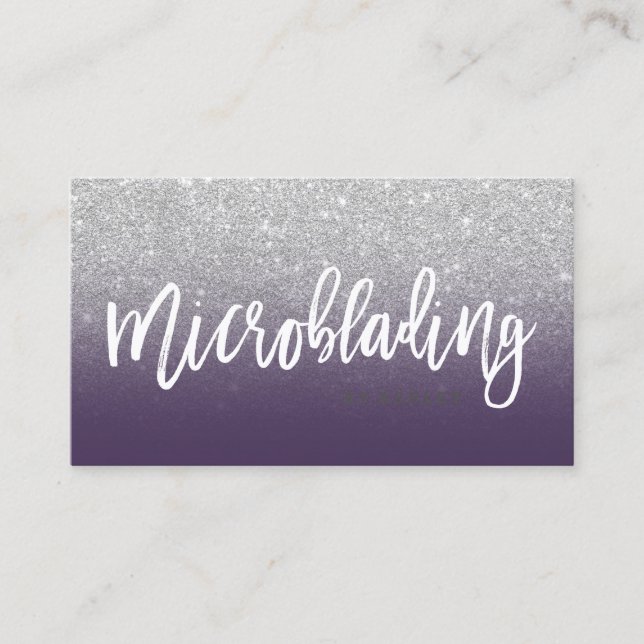 Microblading typography silver glitter purple business card (Front)