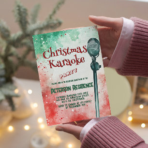 Microphone Green and Red Christmas Karaoke Party Invitation