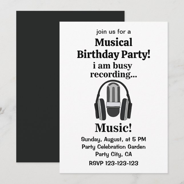 Microphone Headphone Musical Birthday Party Invitation (Front/Back)