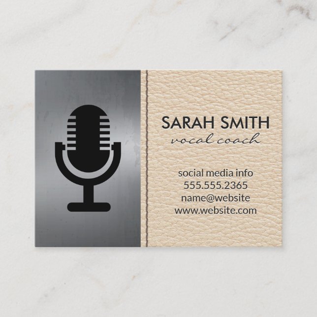 Microphone Icon | Metallic | Stitch Leather Business Card (Front)