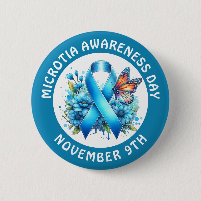 Microtia Blue Awareness Day Ribbon and Butterfly 6 Cm Round Badge (Front)
