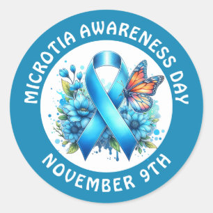 Microtia Blue Awareness Day Ribbon and Butterfly Classic Round Sticker