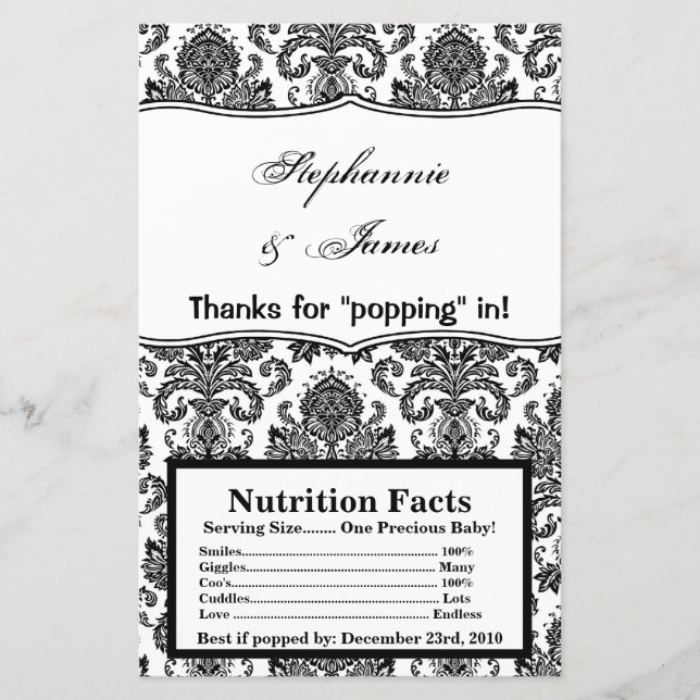 Microwave Popcorn Wrapper Black White Damask Lace (Front)