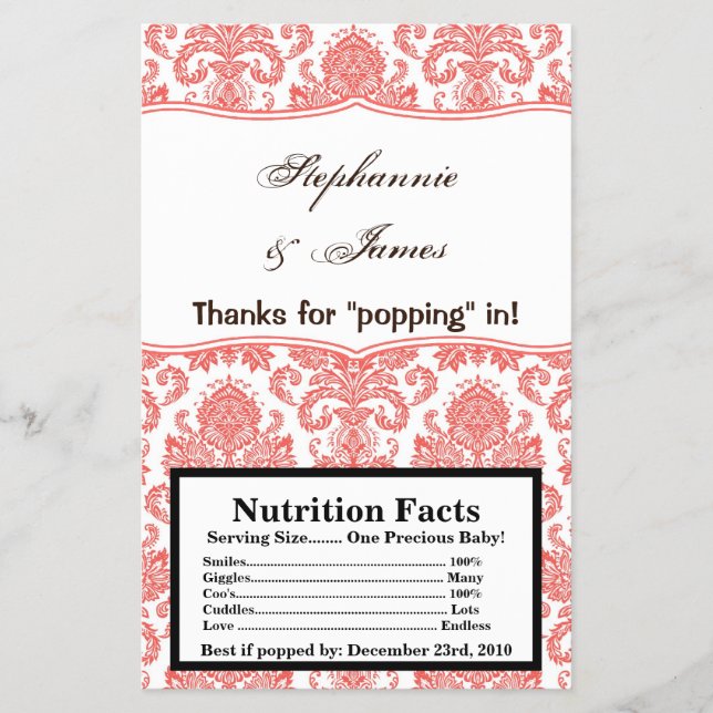 Microwave Popcorn Wrapper Coral White Damask Lace (Front)