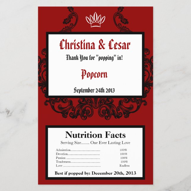 Microwave Popcorn Wrapper Crimson Red Ornate Embel (Front)