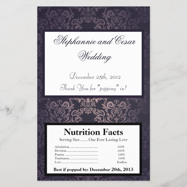 Microwave Popcorn Wrapper Deep Purple Damask (Front)
