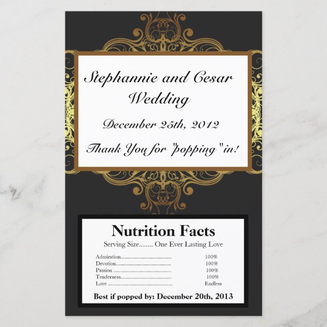 Microwave Popcorn Wrapper Gold and Black Damask (Front)
