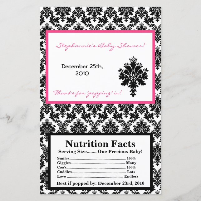 Microwave Popcorn Wrapper Hot Pink Black Damask (Front)