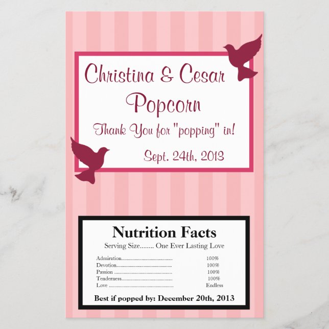 Microwave Popcorn Wrapper Love Birds Pink Stripes (Front)