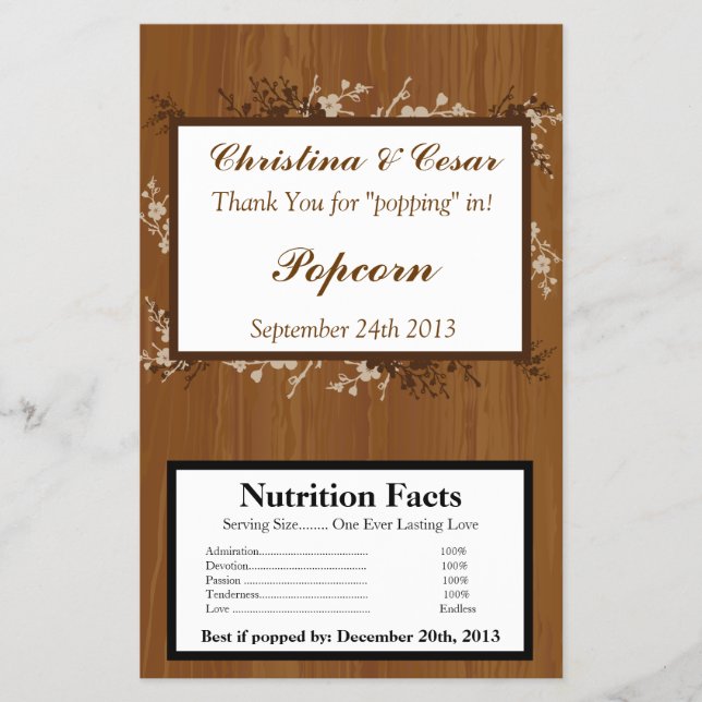 Microwave Popcorn Wrapper Wooden Plank Floral Wedd (Front)