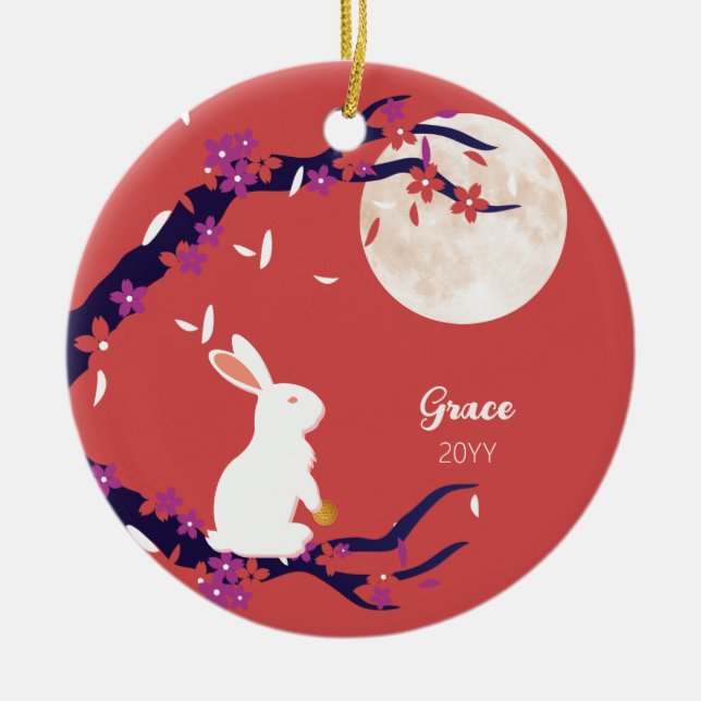 Mid Autumn Festival Full Moon Rabbit  Ceramic Tree Decoration (Front)