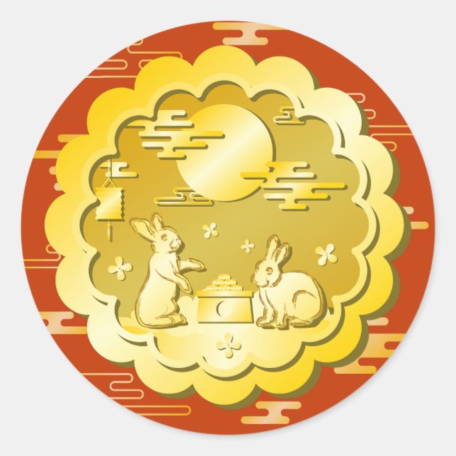 Mid Autumn Festival Gold Mooncake Moon Rabbit Classic Round Sticker (Front)