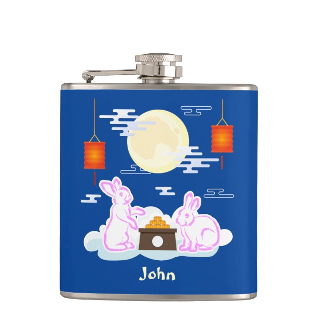 Mid Autumn Festival Moon Rabbit Mooncake Clouds Hip Flask (Front)