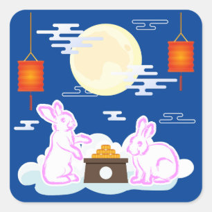 Mid Autumn Festival Moon Rabbit Mooncake Clouds Square Sticker