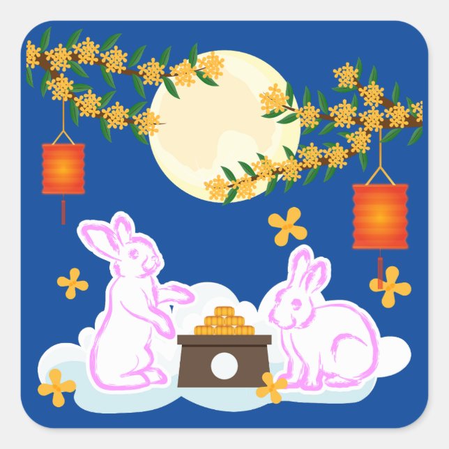 Mid Autumn Festival Moon Rabbit Mooncake Osmanthus Square Sticker (Front)