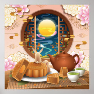 Mid-Autumn Festival Rabbit, Mooncake, Tea Poster
