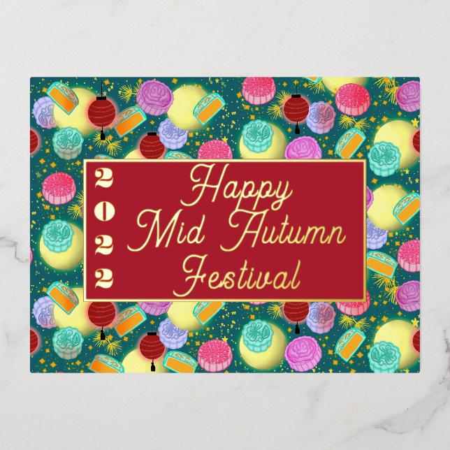 Mid Autumn mooncakes teal Foil Holiday Postcard (Front)