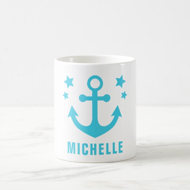 Mid Blue Anchor Nautical Clipart & Stars Coffee Mug (Center)