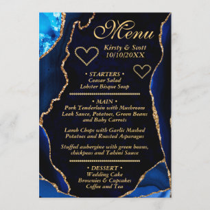 Mid Blue and Gold Glitter Agate Marble Wedding Menu