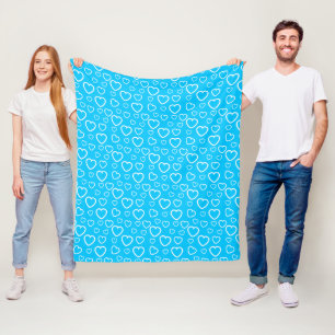 Mid Blue and White Love Hearts Pattern Fleece Blanket