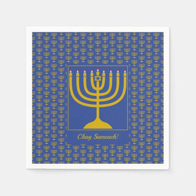 Mid Blue Customisable | Chanukah | MENORAH Napkin (Front)