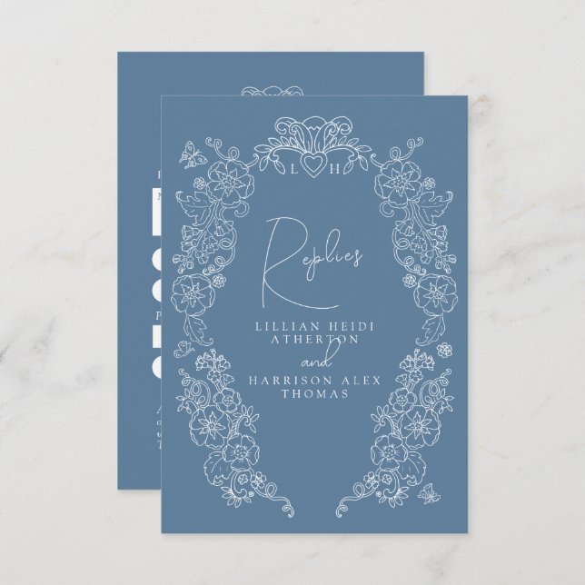 Mid blue grey monogram blossom RSVP wedding (Front/Back)