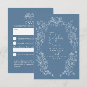 Mid blue grey monogram blossom RSVP wedding Card