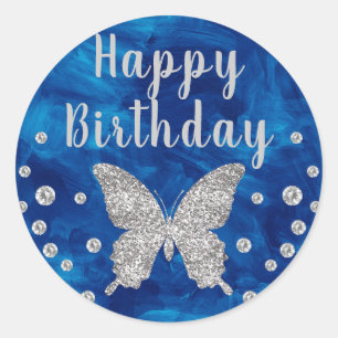 Mid Blue paintbrush Silver Butterfly Birthday Classic Round Sticker