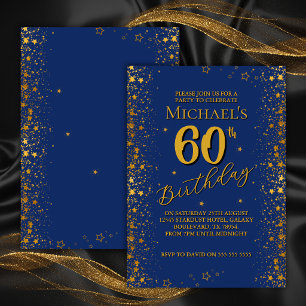 Mid Blue With Gold Stars 60th Birthday Invitation