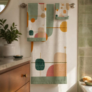 Mid centrury Teal, gold and pink abstract Bath Towel Set