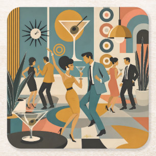 Mid Century 60s Hip Martini Cocktail Dance Party Square Paper Coaster