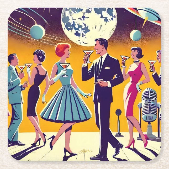 Mid Century 60s Space Age Cocktail Party Square Paper Coaster (Front)
