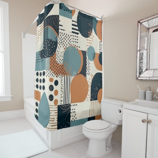 Mid Century Abstract Geometric Navy Rust Teal Shower Curtain (In Situ)