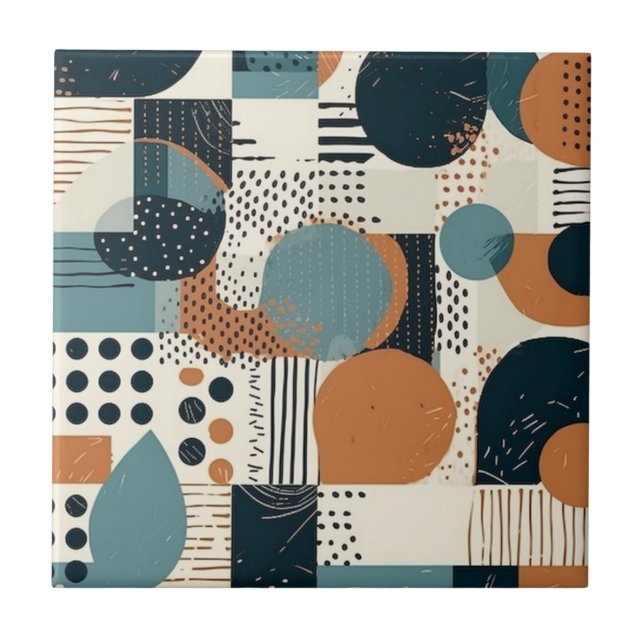 Mid Century Abstract Geometric Navy Rust Teal Tile (Front)