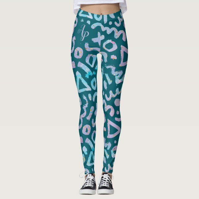 Mid Century Abstract Green Geometric monogram Leggings (Front)